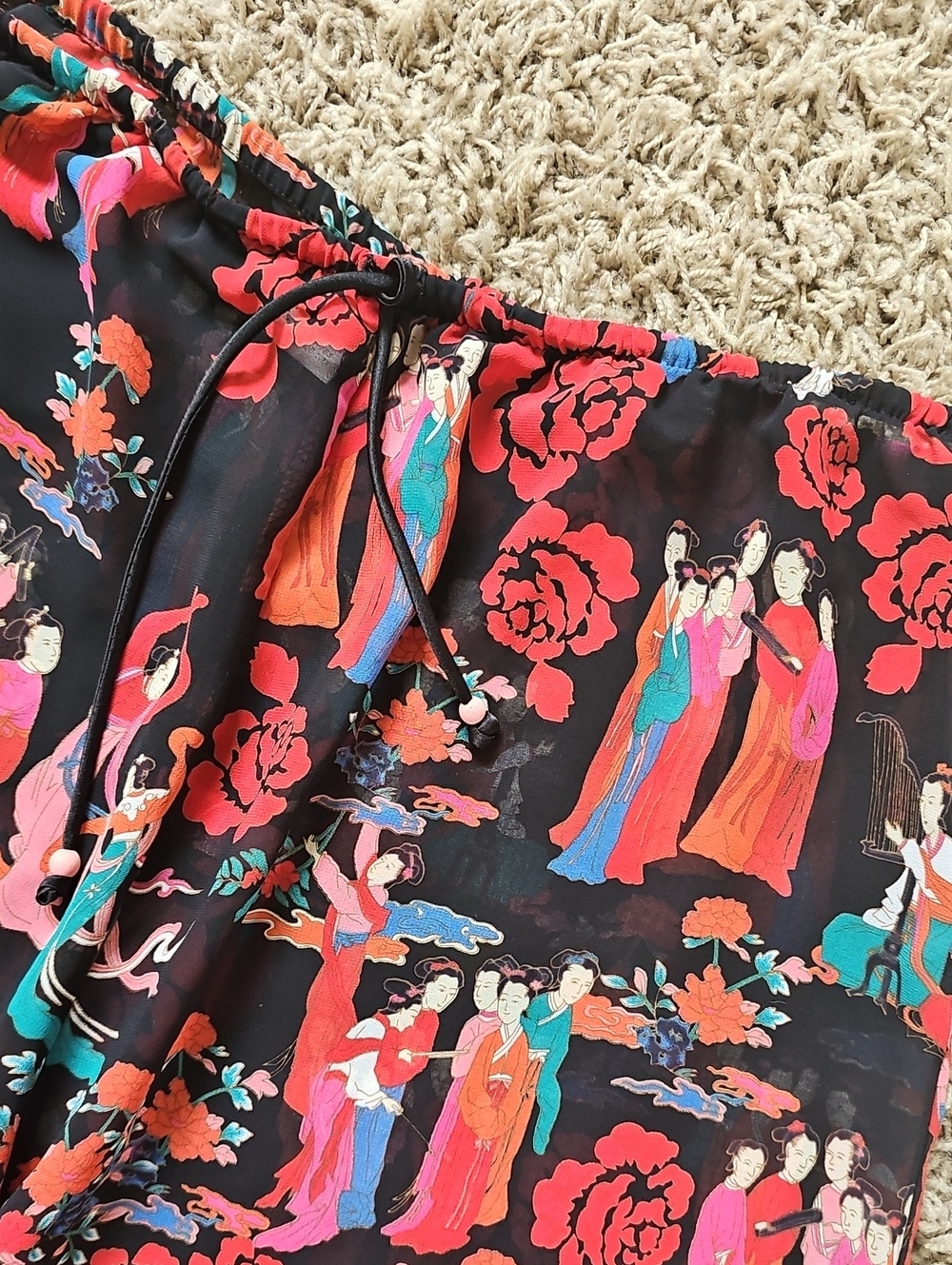 Josie Natori Capris Sheer Pants Geisha Japenese Print Medium Pull On - Picture 2 of 7